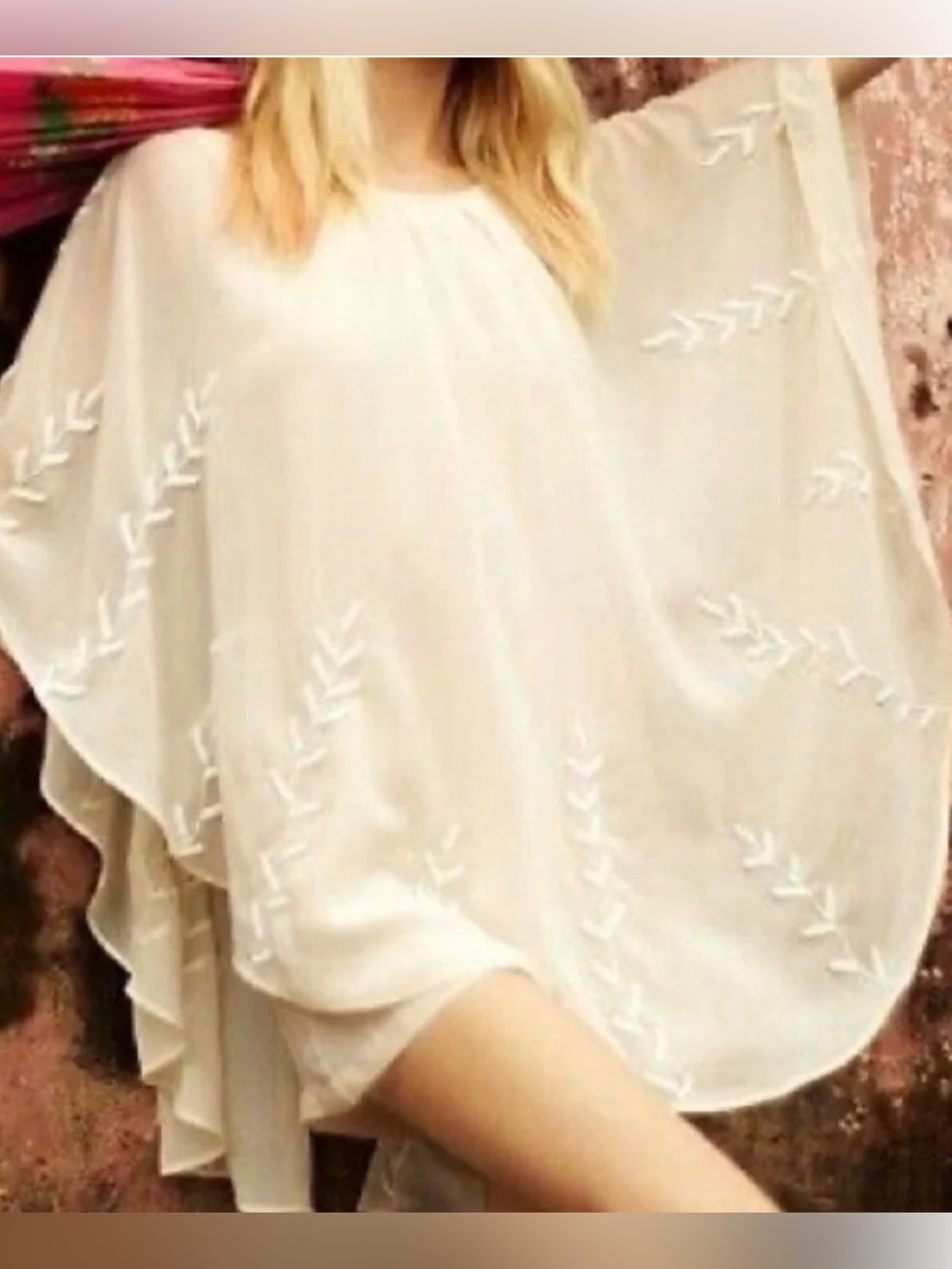 Free People Beaded pointed Cape Drape Mini dress, Chiffon sheer cream